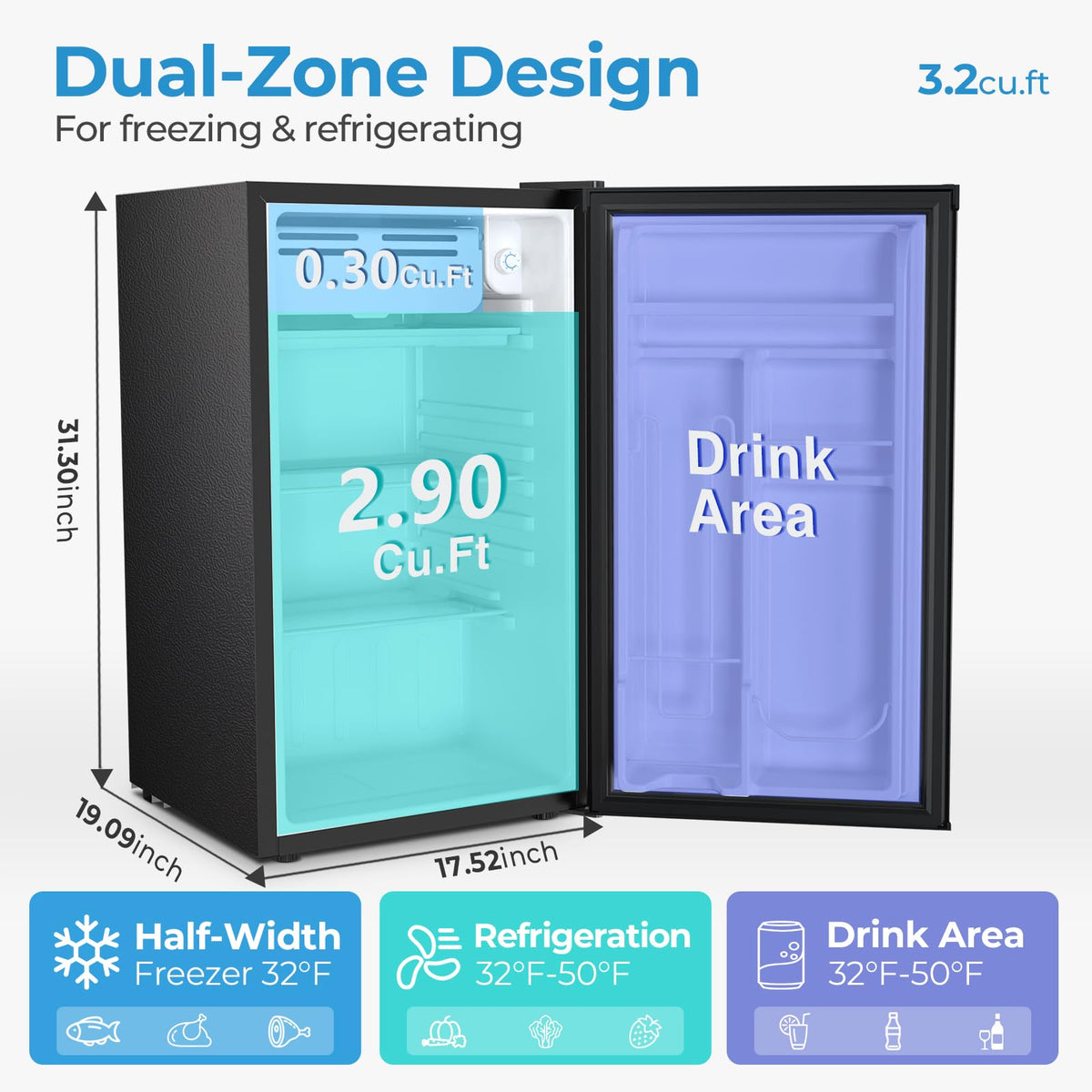 Antarctic Star 3.2 Cu.Ft. Mini Fridge with Freezer, Small Refrigerators with Adjustable Thermostat, Low Noise, Energy Saving, Compact Refrigerators