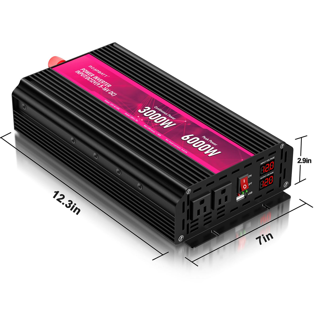 Pure Sine Wave Power Inverter, 3000W 12V DC to 110V/120V AC, Peak 6000W - Remote Control, 4 AC Outlets, Dual USB, LED Display, Terminal Blocks for