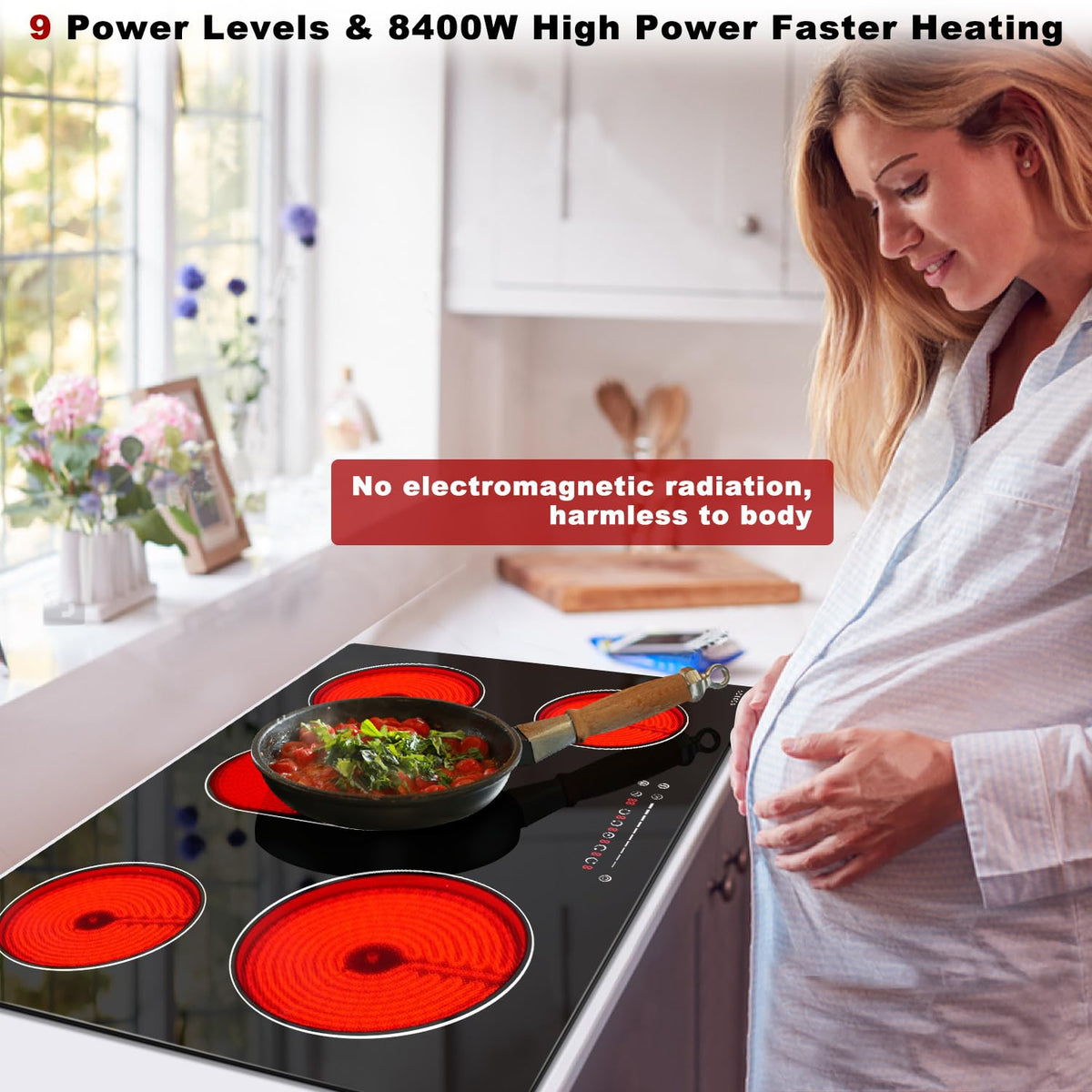 Noxton 30 Inch Electric Cooktop, 8400W 5 Burners Built-in Radiant Electric Stove Top, Slider Control, 9 Power Levels, Child Safety Lock, Timer, 220
