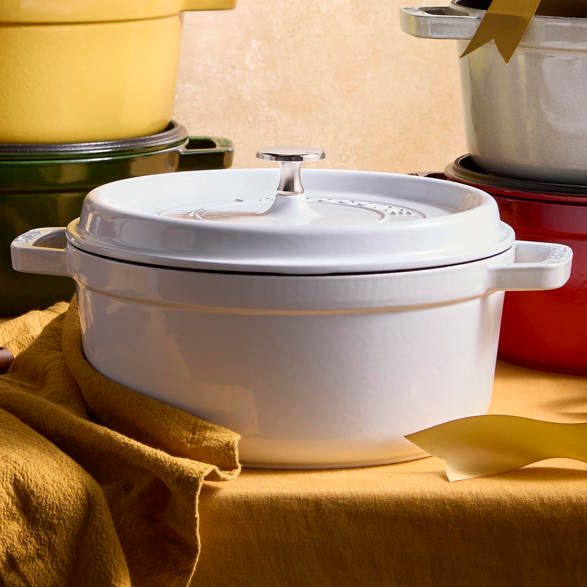 Staub Cast Iron 7-qt Round Cocotte - White Truffle, Made in France