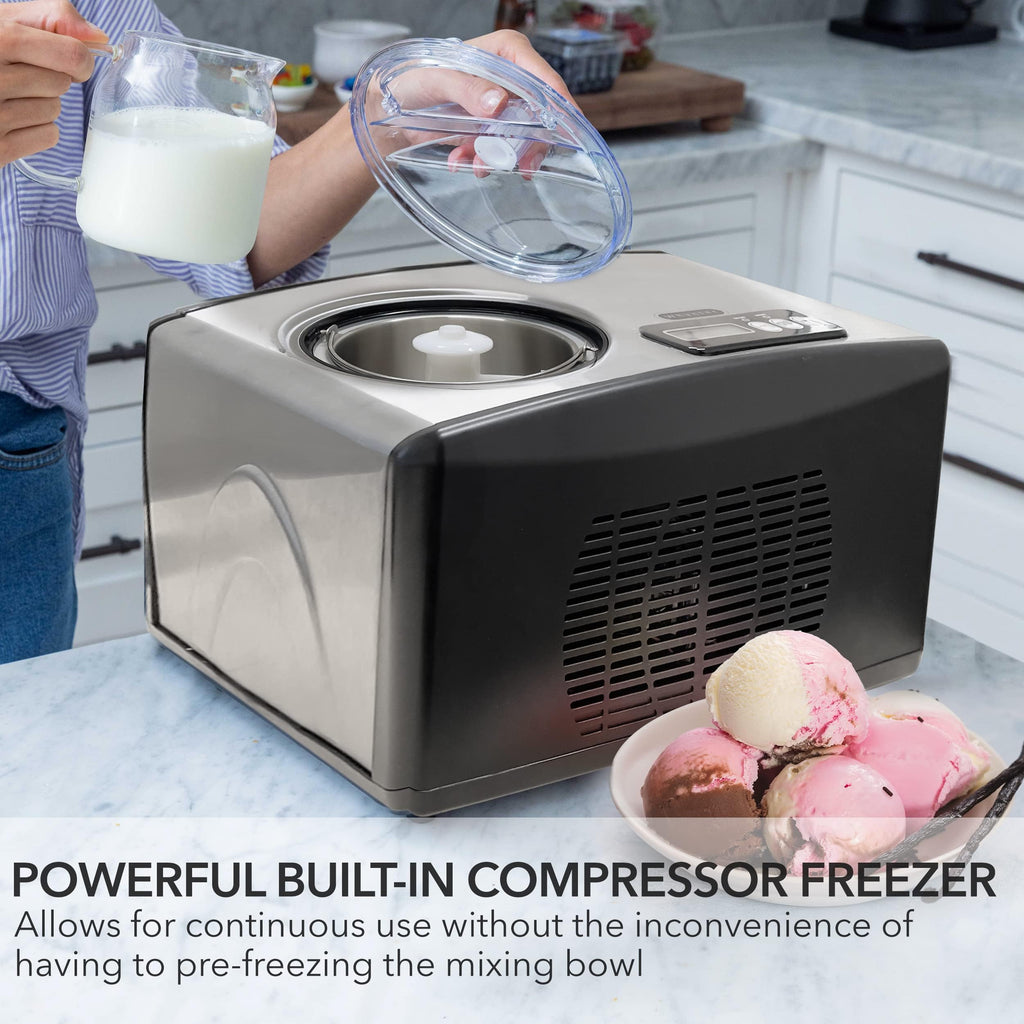 Whynter Ice Cream Maker Machine Automatic 2.1 Qt. with Built-In Compressor, LCD Digital Display & Timer, No Pre-Freezing, ICM-200LS, Stainless Steel