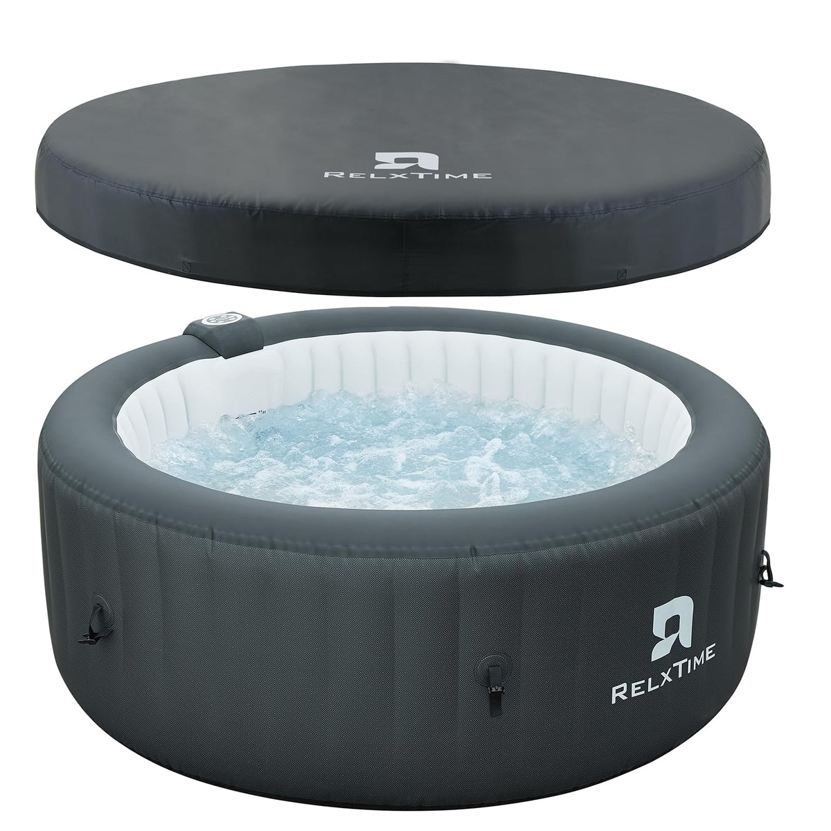 Inflatable Hot Tub Spa 2-4 Person 110 Air Jets, Portable Blow Up Hottub with Cover, Built in Heater Pump, Round Outdoor Spa, Cup Holder, 2 Filters