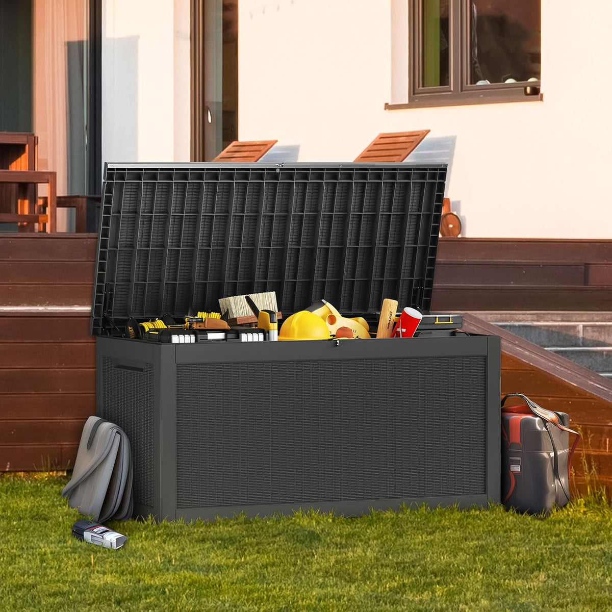 320 Gallon Resin Deck Box, Waterproof Outdoor Storage Bin for Patio Furniture, Pool Accessories, and Garden Tools, Lockable & UV-Resistant, Black