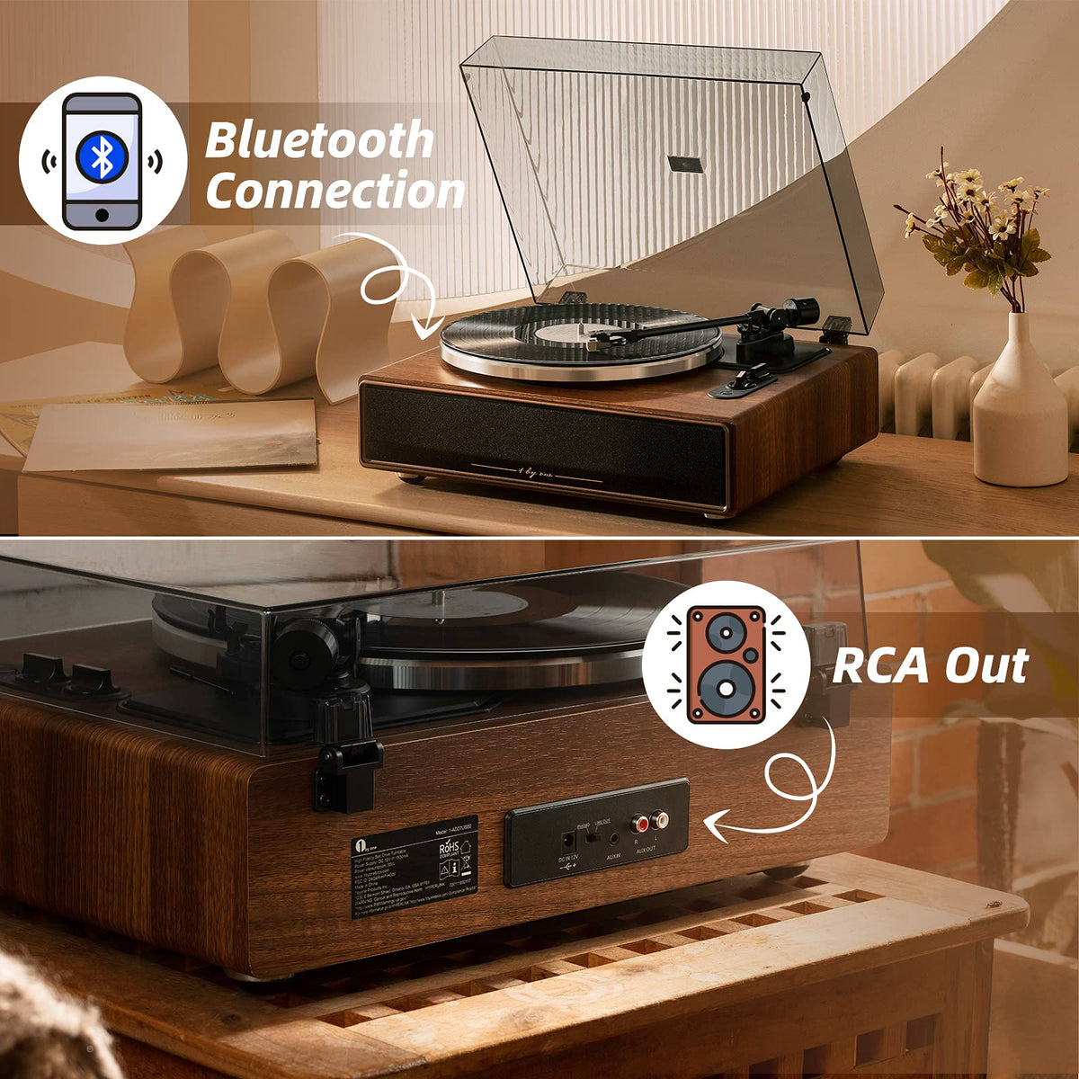 1 by ONE High Fidelity Belt Drive Turntable with Built-in Speakers, Vinyl Record Player with Magnetic Cartridge, Bluetooth Playback and Aux-in