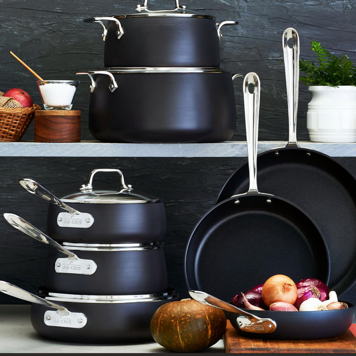 All-Clad HA1 Hard Anodized Nonstick Pots and Pans Set Non Stick Cookware Sets, Oven Broiler Safe 500F, Black