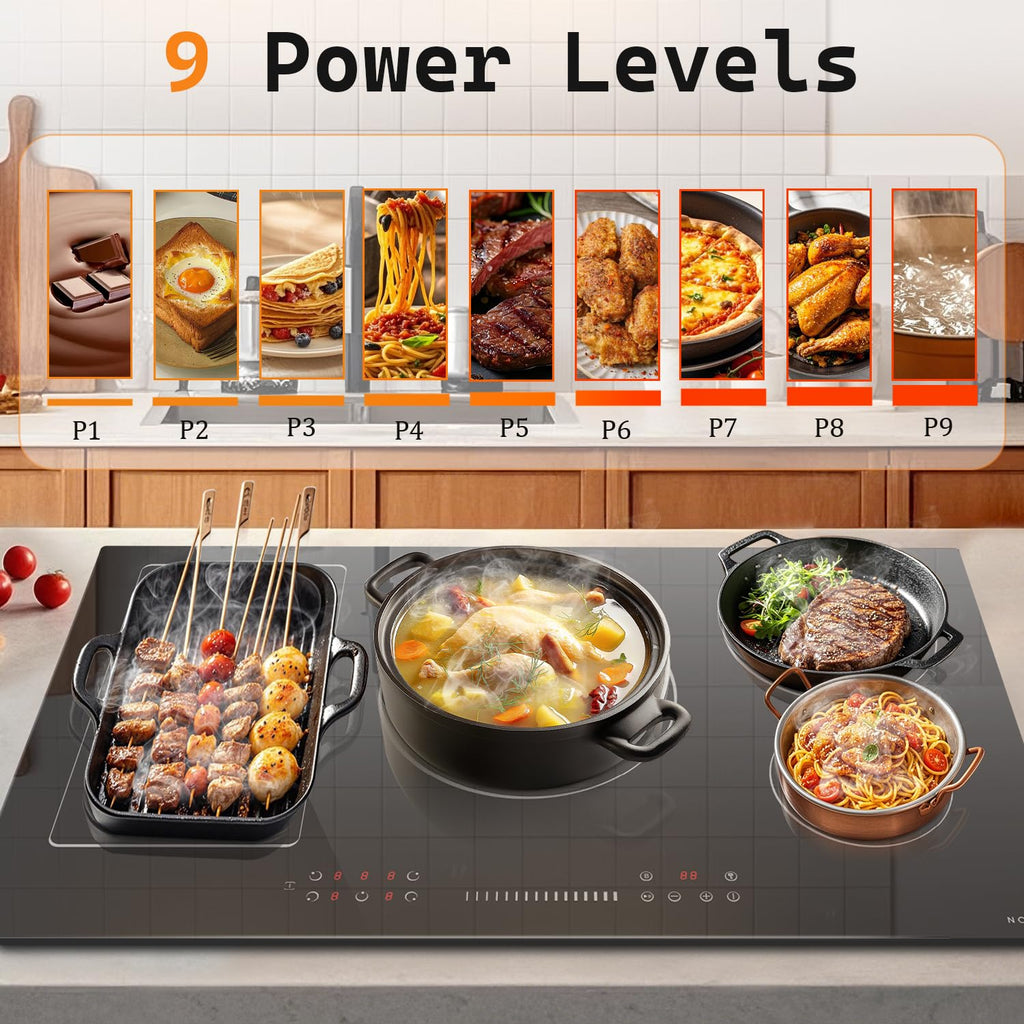 Noxton 24 Inch Induction Cooktop, 4 Burners Electric Cooktop, Upgraded Induction Stovetop with Flex Zone, Power Boost, Pause, 9 Power Levels, Child