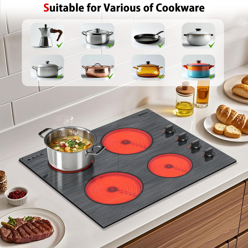 Karinear Electric Cooktop 24 Inch, 4 Burners Electric Stove Knob Control, Built-in Ceramic Cooktop with Beautiful Woodgrain Pattern Glass Surface