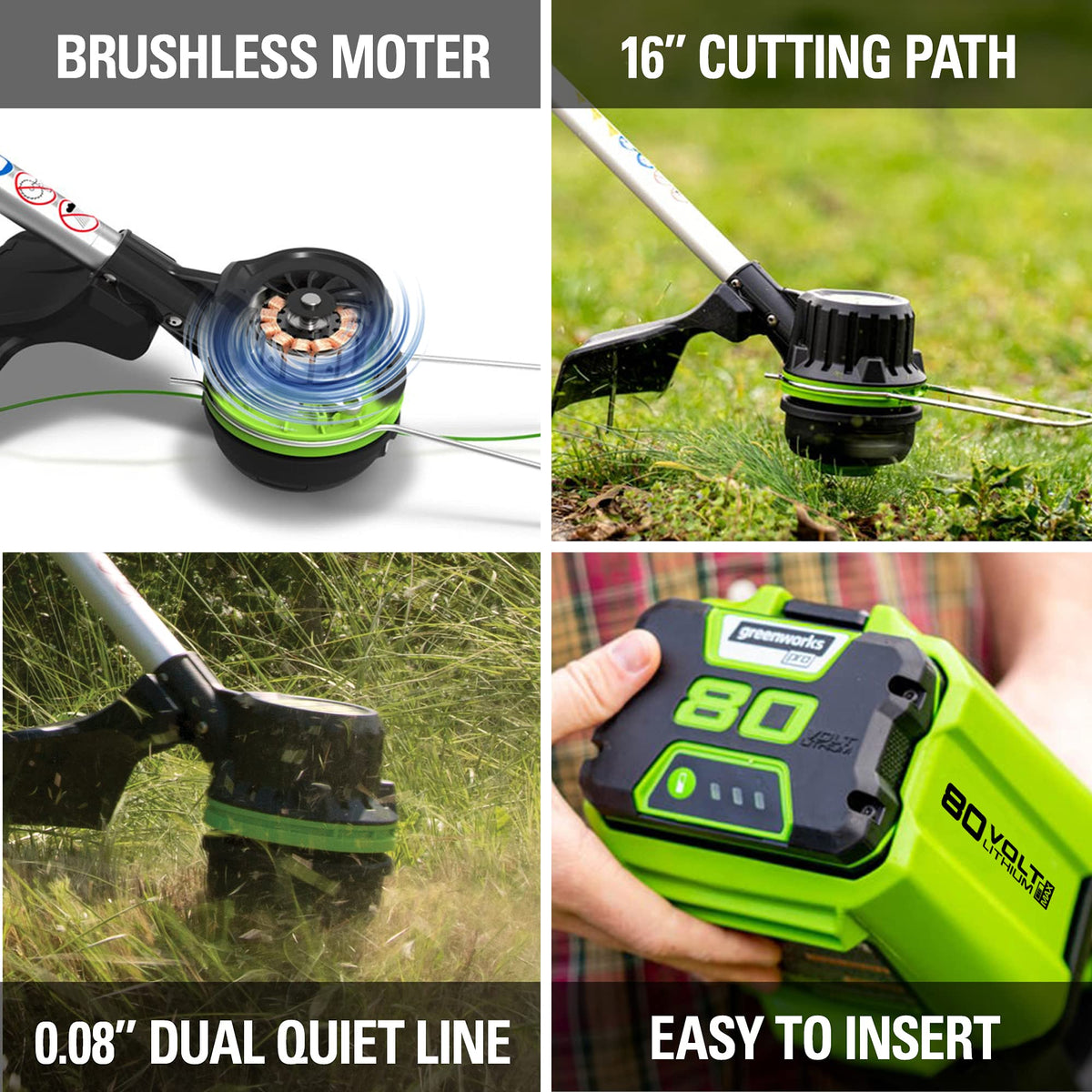 Greenworks 80V Brushless Cordless Yard Tool Combo Kit with 2.0Ah Battery & Rapid Charger C 16" Dual-Line String Trimmer and 500 CFM / 125 MPH Leaf