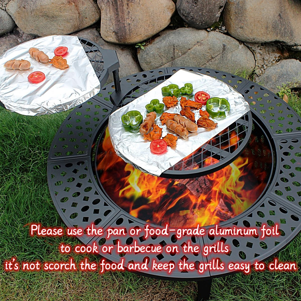 47 Inch Fire Pit with 2 Grills, Wood Burning Fire Pits for Outside with Lid & Poker, BBQ& Outdoor Firepit & Round Metal Table 3 in 1 for Patio