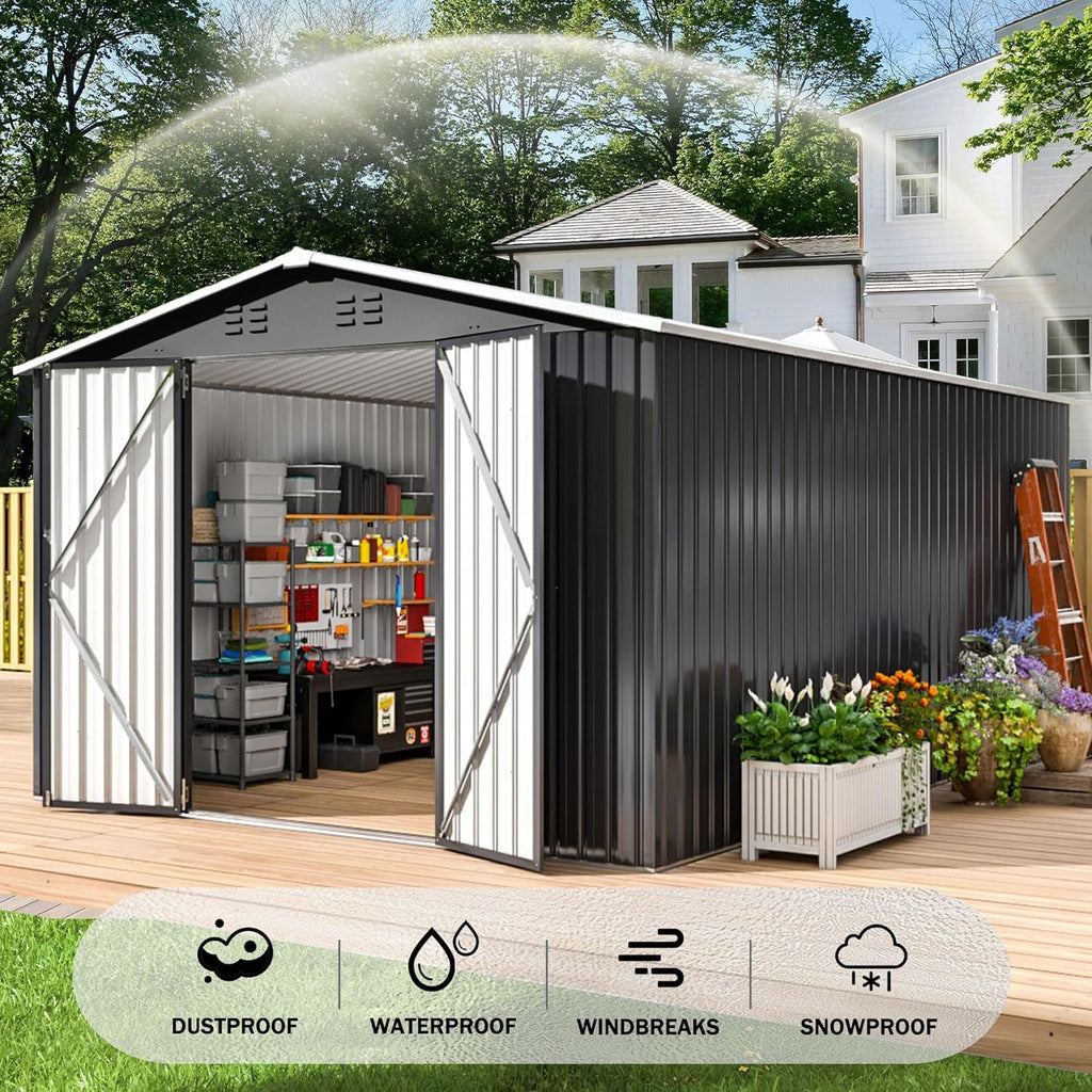 Polar Aurora 12x14 FT Outdoor Storage Shed, Garden Shed with Updated Frame Structure and Lockable Doors, Metal Tool Sheds for Backyard Garden Patio