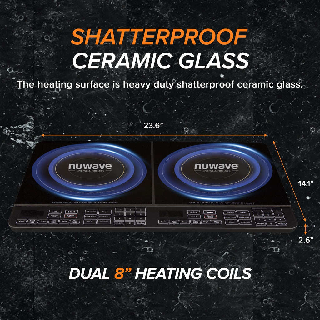 Nuwave Double Cooktop Induction Countertop Burner, Portable, 900 & 1800W, 100F to 575F, Large 8 Heating Coil, 50 Pre-Programmed Settings, Shatter