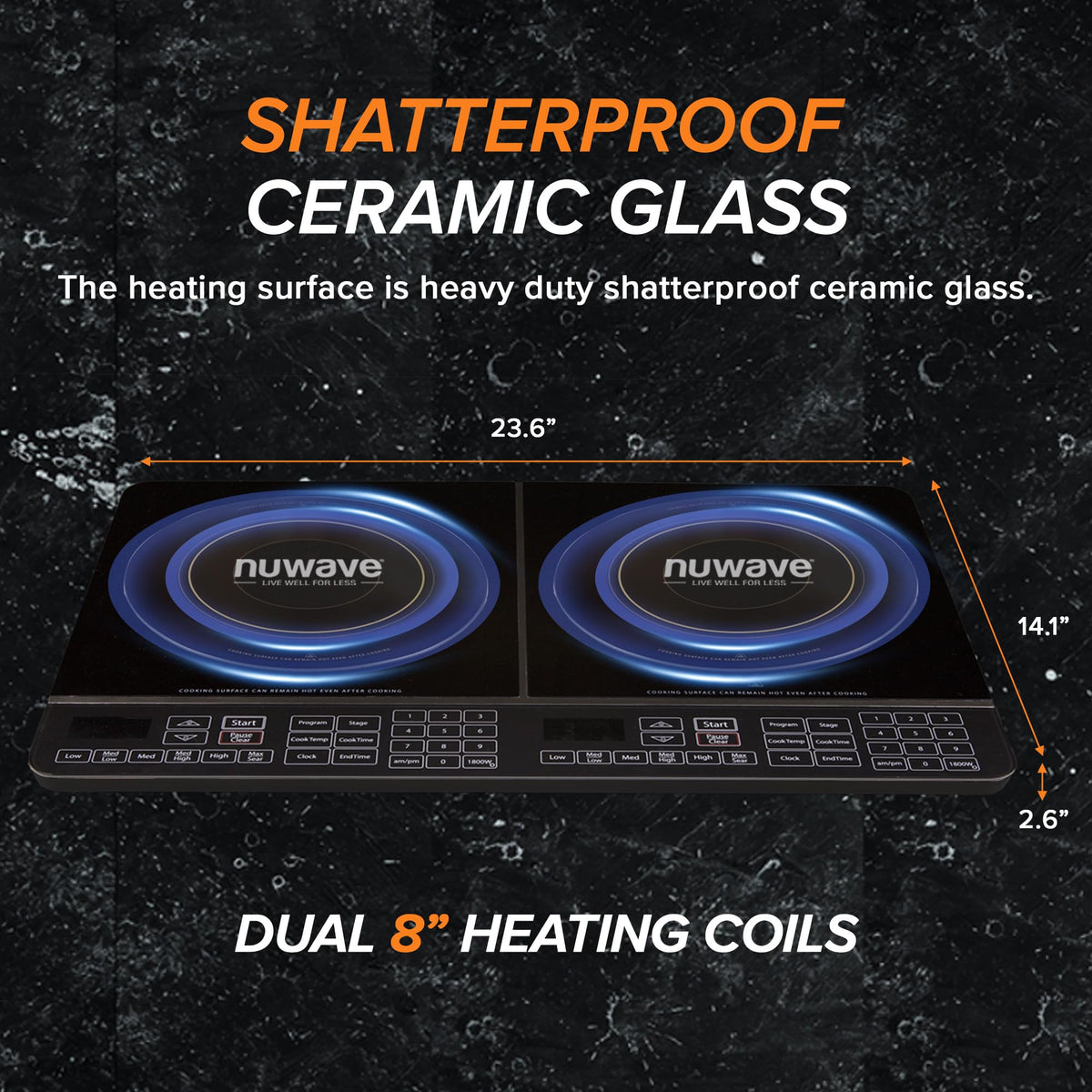 Nuwave Double Cooktop Induction Countertop Burner, Portable, 900 & 1800W, 100F to 575F, Large 8 Heating Coil, 50 Pre-Programmed Settings, Shatter