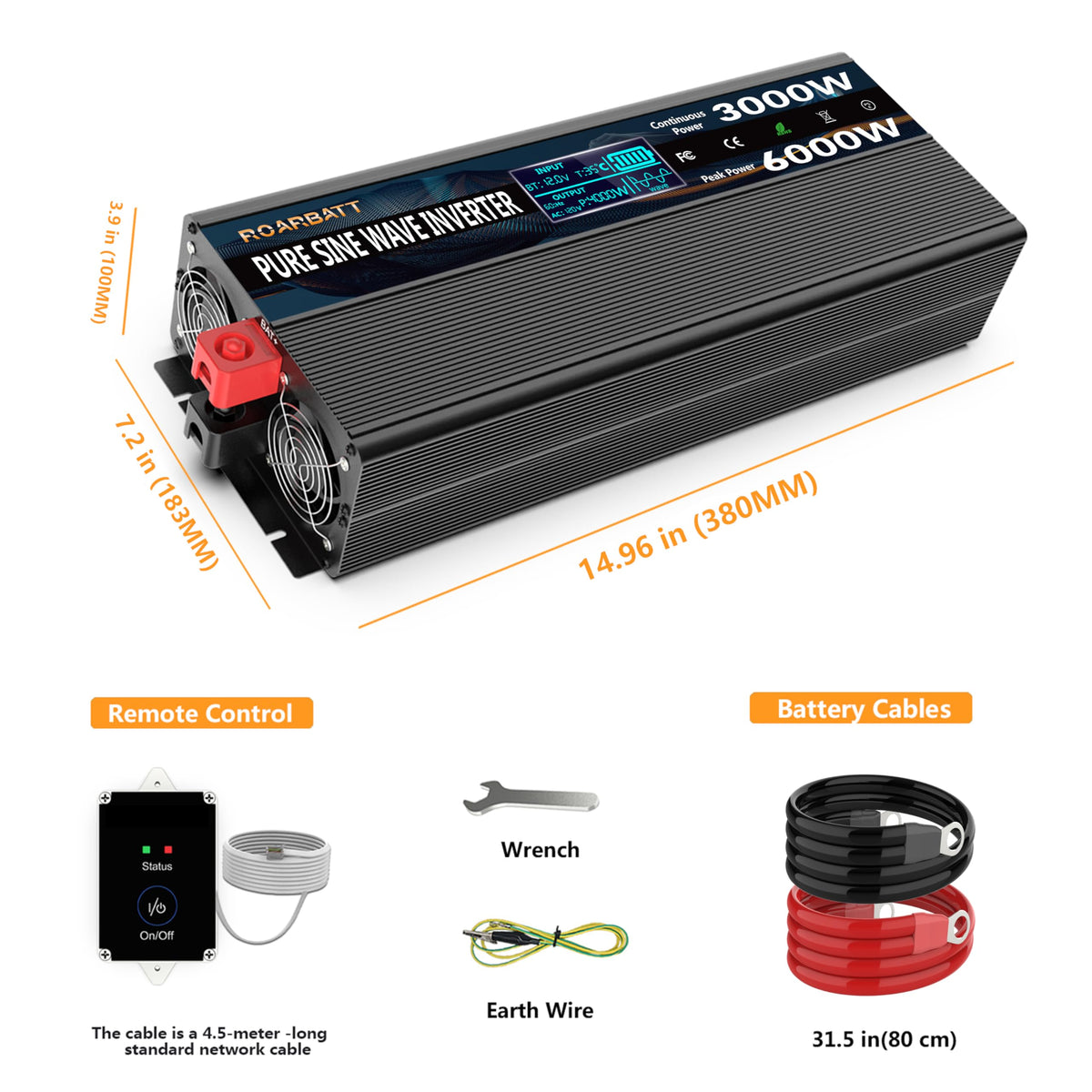 Pure Sine Wave Power Inverter, 3000W 12V DC to 110V/120V AC, Peak 6000W - Remote Control, 4 AC Outlets, Dual USB, LED Display, Terminal Blocks for