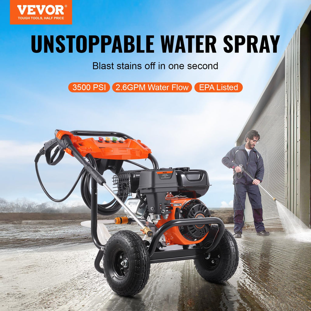 VEVOR Gas Powered Pressure Washer 3400 PSI 2.6 GPM, with Spray Gun and Extension Wand, 5 Quick Connect Nozzles, Copper Pump