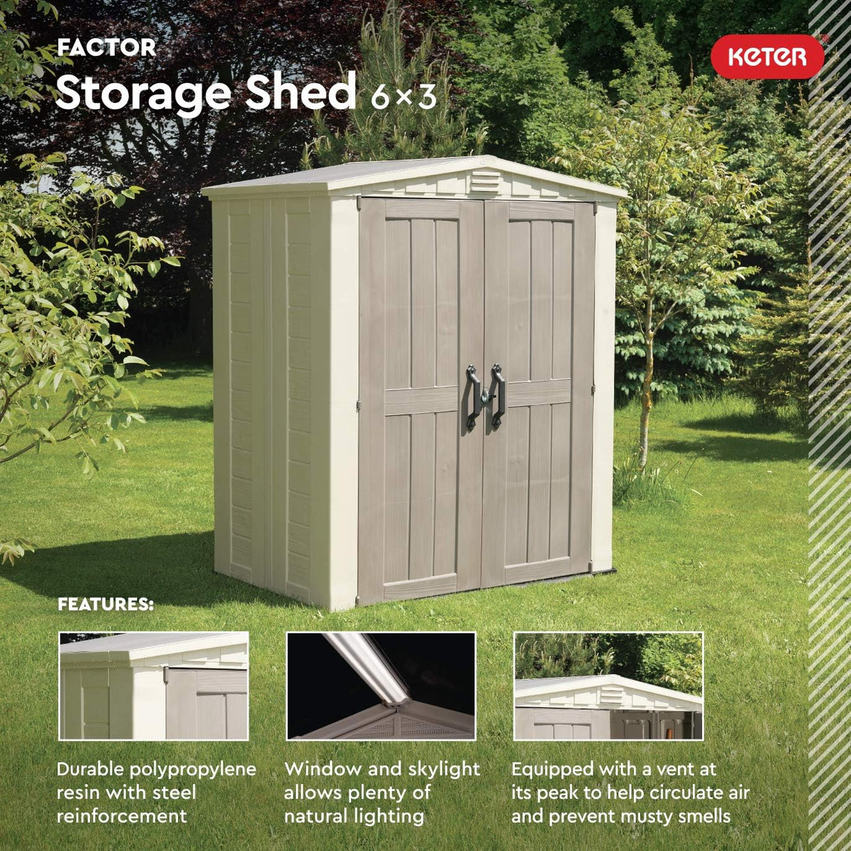 Keter Factor 6x3 Outdoor Storage Shed Kit-Perfect to Store Patio Furniture, Garden Tools Bike Accessories, Beach Chairs and Push Lawn Mower, Taupe &