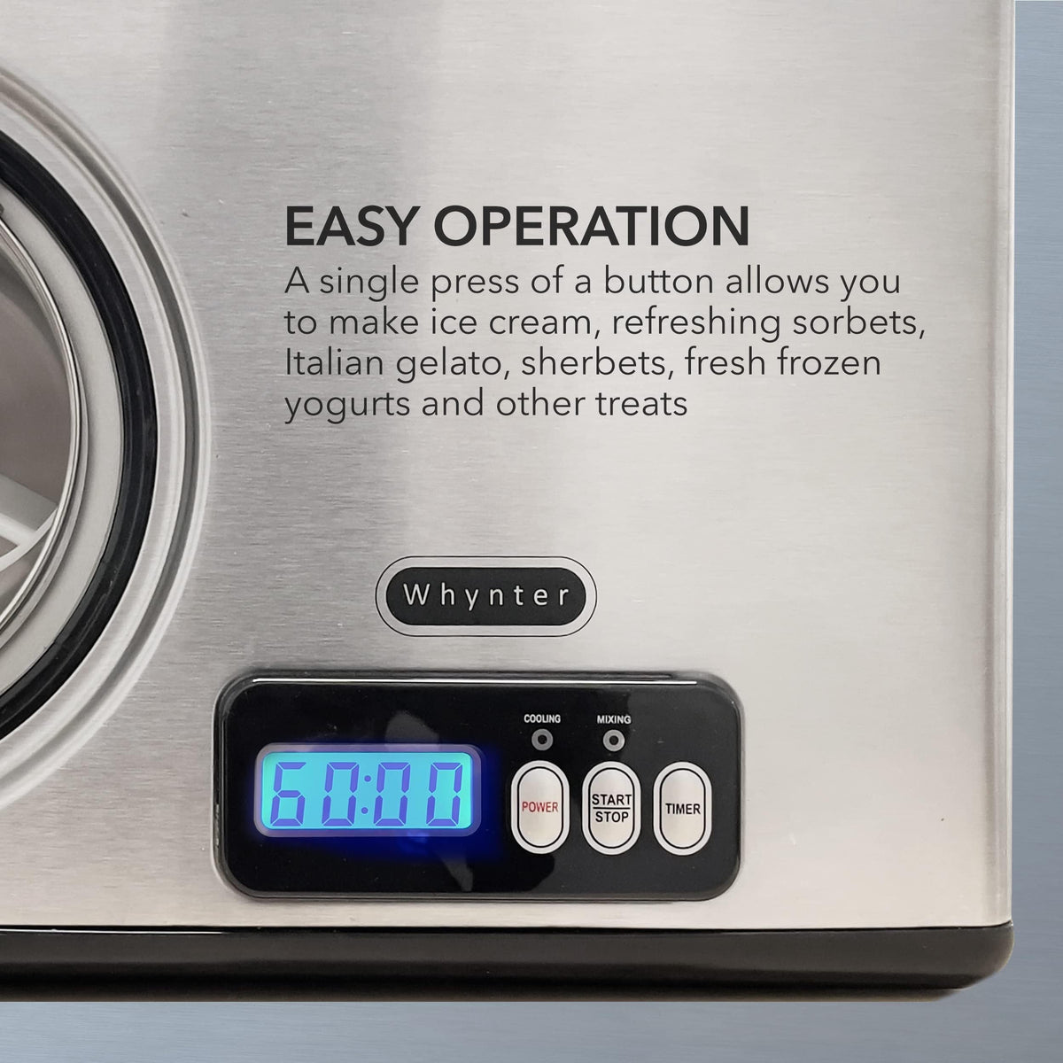 Whynter Ice Cream Maker Machine Automatic 2.1 Qt. with Built-In Compressor, LCD Digital Display & Timer, No Pre-Freezing, ICM-200LS, Stainless Steel
