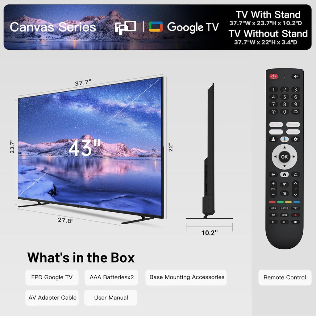 FPD 43 Inch Smart TV, 4K UHD LED Flat Screen Google TV with Google Cast, Bluetooth, HDMI, Streaming Live, HDR 10, Dolby Vision, Ultra Slim