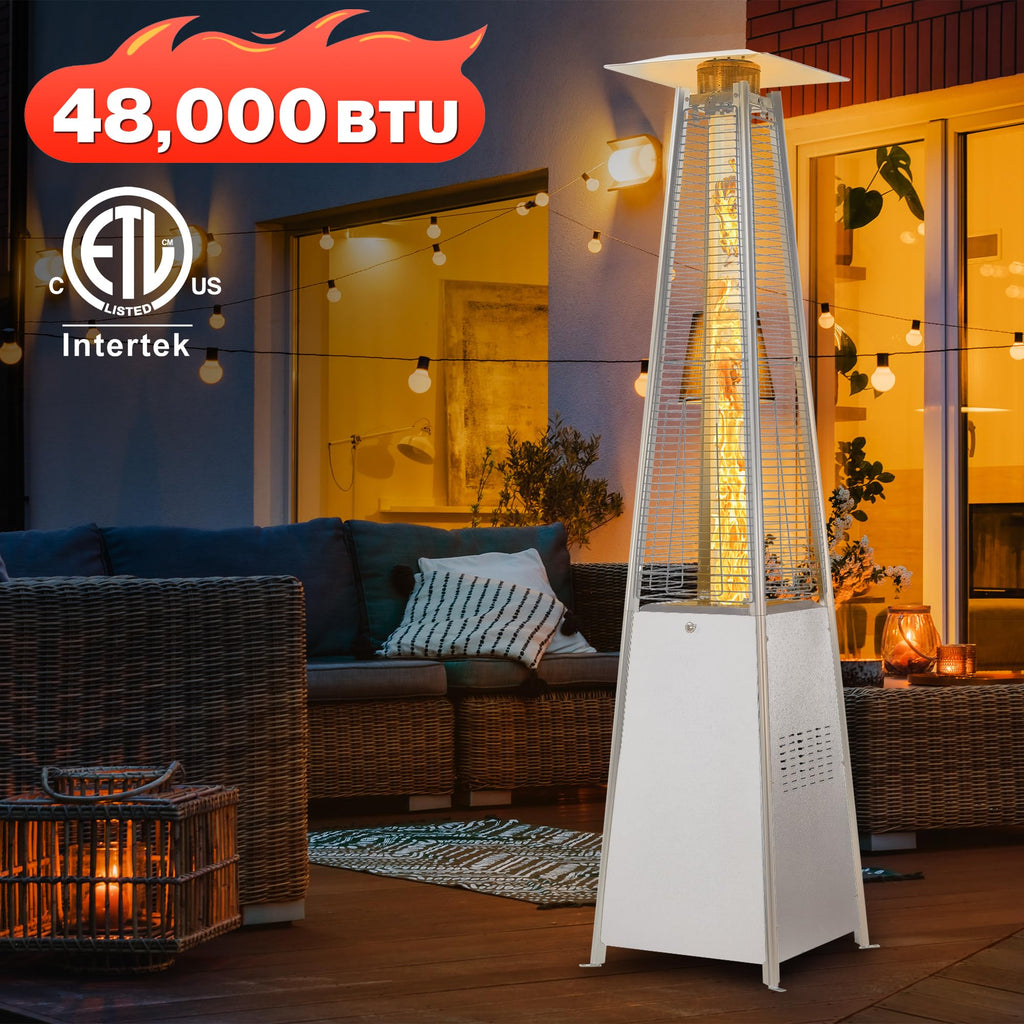 FOOWIN Propane Patio Heater, 48,000 BTU Outdoor Patio Heater with Wheels/Waterproof Cover & Gloves,Quartz Glass Tube Pyramid Outdoor Heater for Party