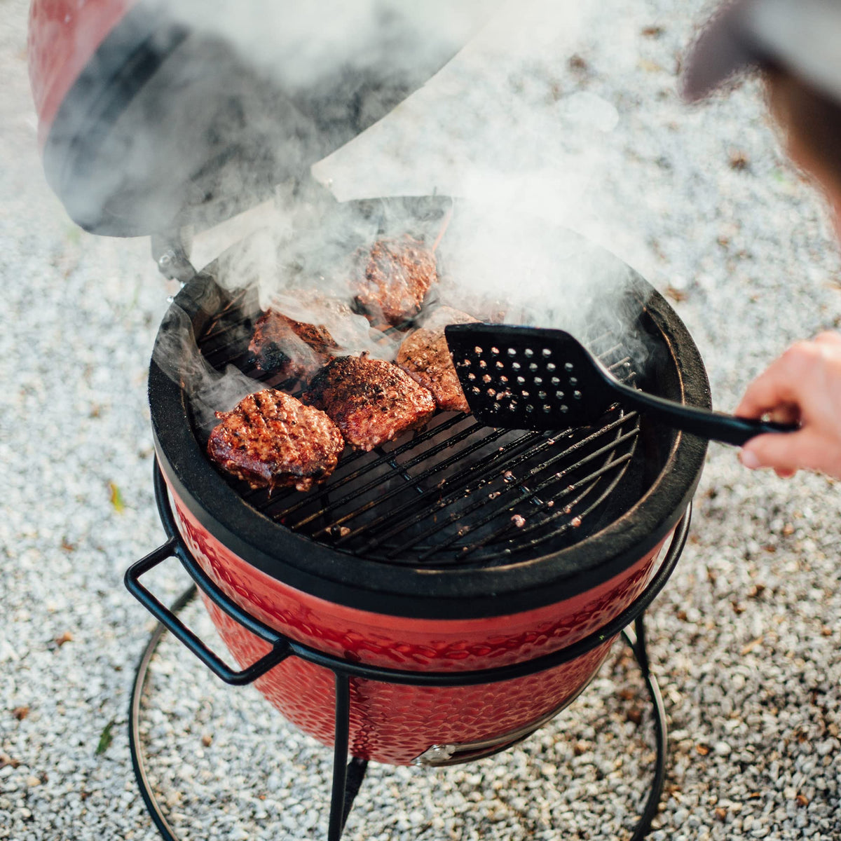 Kamado Joe Joe Jr 13.5-inch Portable Ceramic Charcoal Grill with Grill Stand, Stainless Steel Cooking Grate, Heat Deflectors and Ash Tool in Red