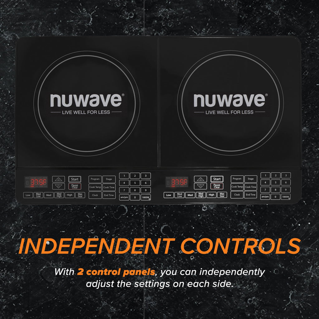 Nuwave Double Cooktop Induction Countertop Burner, Portable, 900 & 1800W, 100F to 575F, Large 8 Heating Coil, 50 Pre-Programmed Settings, Shatter