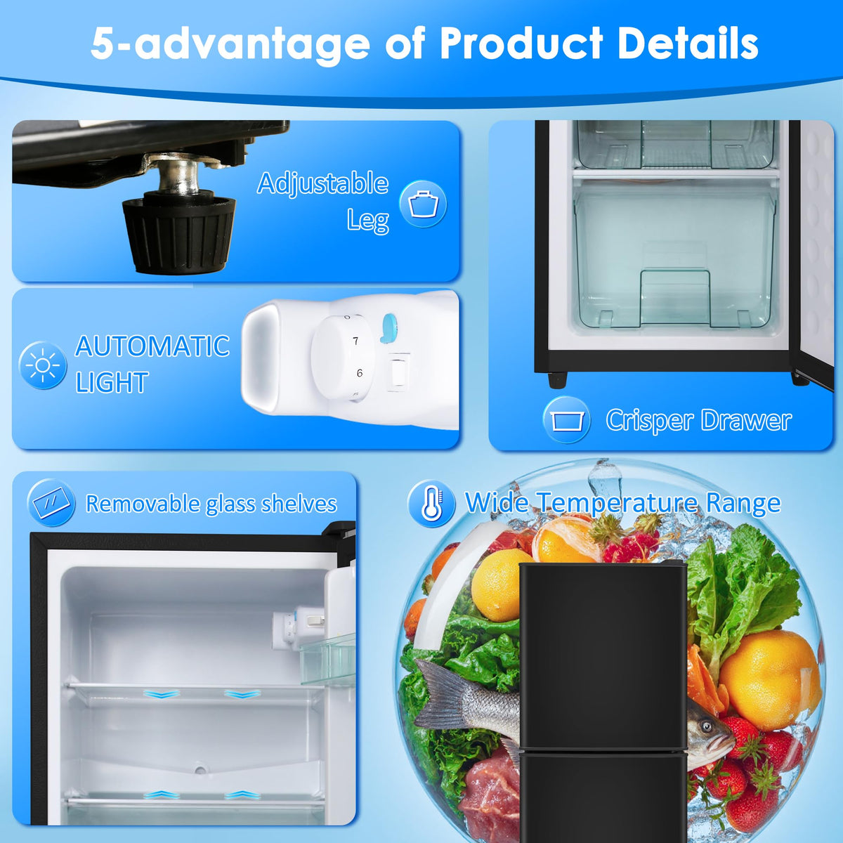 3.3 Cu. Ft. Mini Fridge with Freezer, Compact Refrigerator with Adjustable 7-Level Thermostat, Dorm Fridge for Kichen, RV, Office, Apartment, Black