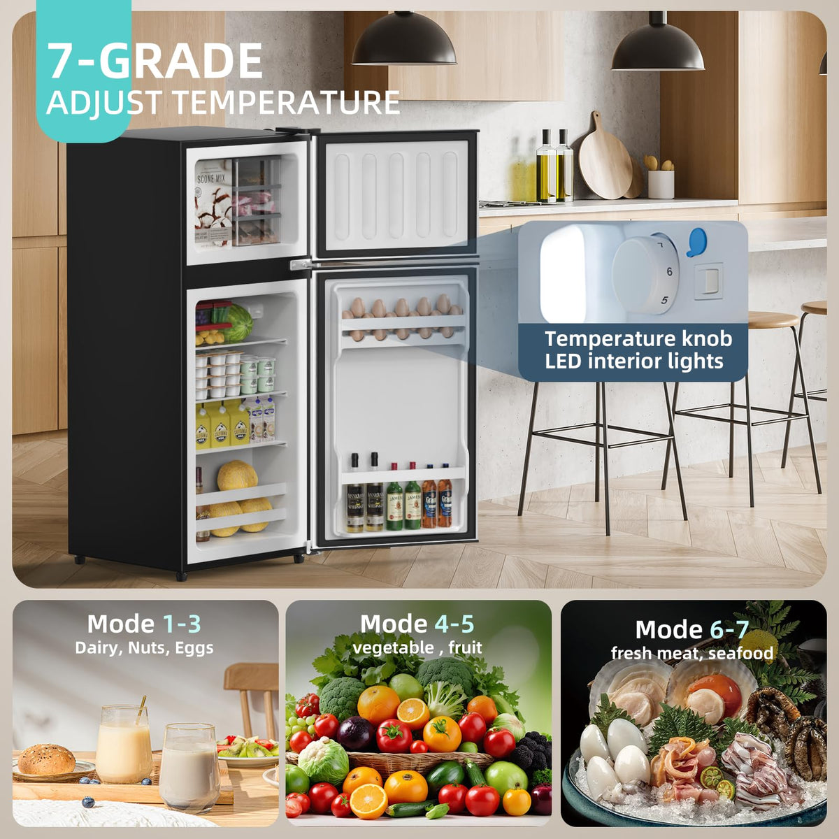 4.2 Cu Ft Mini Fridge for Bedroom, 2 Door Small Fridge, 7 Level Thermostat, LED Light, Small Refrigerator for Bedroom, Office, Dorm