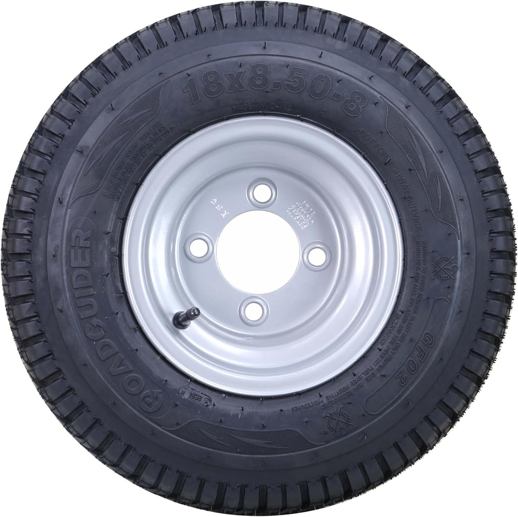 ROADGUIDER Golf Cart Tire & Wheel 18X8.50-8 4PR w 4X4" Silver Rim 14039-S4