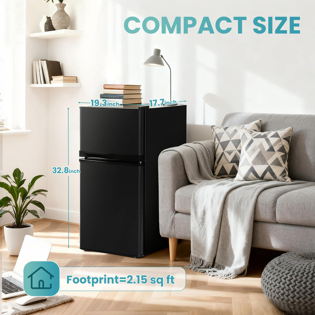 Double Door Refrigerator with Freezer, 3.5 Cu.Ft, Small Fridge with Freezer, 7 Settings Temperature Adjustable, Mini Refrigerator for Office Dorm