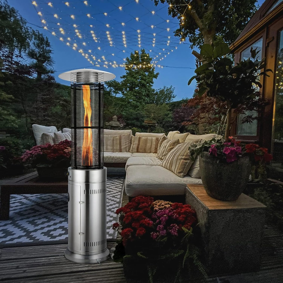 COSTWAY Outdoor Propane Patio Heater, 40,000 BTU Propane Heater with Dancing Flame, Portable Wheels, Stainless Steel Pyramid Floor-Standing Outdoor