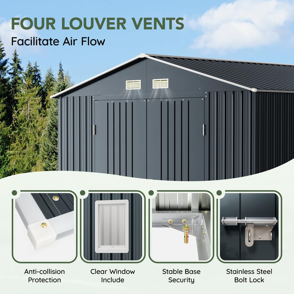 10x10 FT Outdoor Metal Storage Shed, Double Swing Doors, 2 Clear Windows,Tool Shed for Garden, Patio, Backyard Nightblue