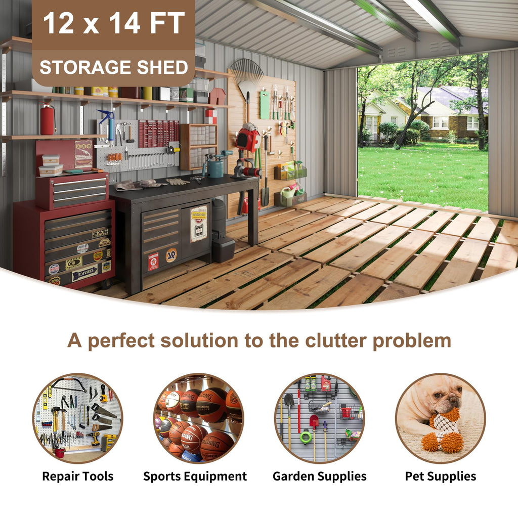 Polar Aurora 12x14 FT Outdoor Storage Shed, Garden Shed with Updated Frame Structure and Lockable Doors, Metal Tool Sheds for Backyard Garden Patio