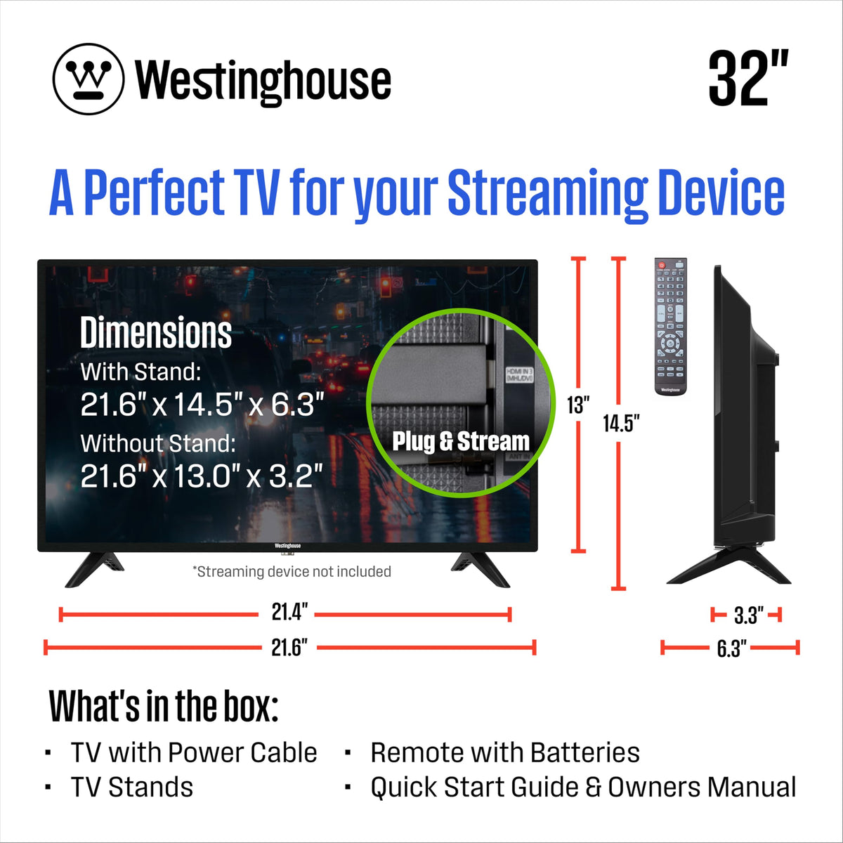 Westinghouse 32 Inch TV, HD LED Small Flat Screen Non-Smart Television, Works with Fire Stick, Roku, Apple TV, TiVo, Xumo, and Streaming Devices