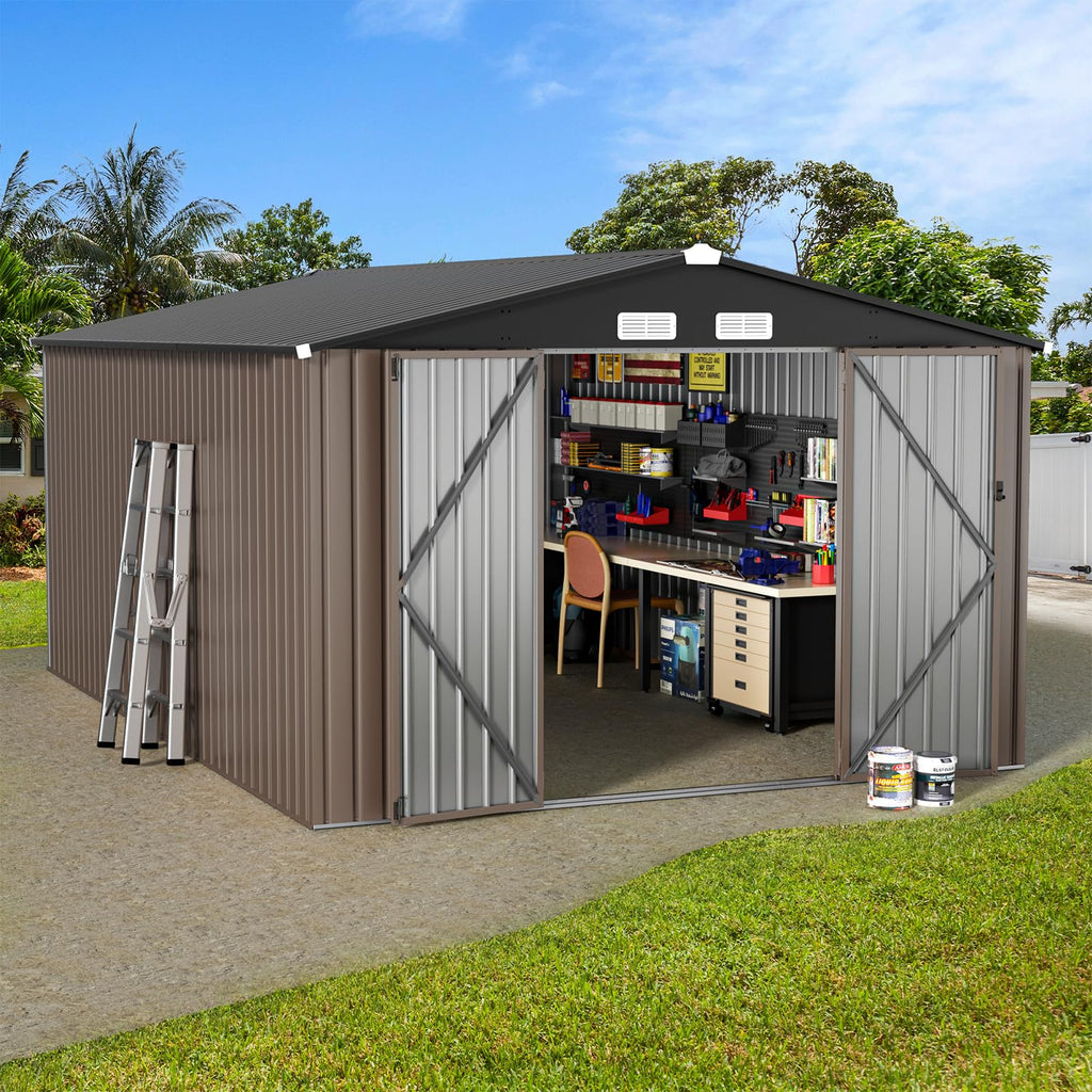 GVDV 10x14 FT Outdoor Metal Storage Shed, Durable Garden Shed with Updated Frame Structure for Backyard, Patio, Tool Storage, All-Weather Shelter for
