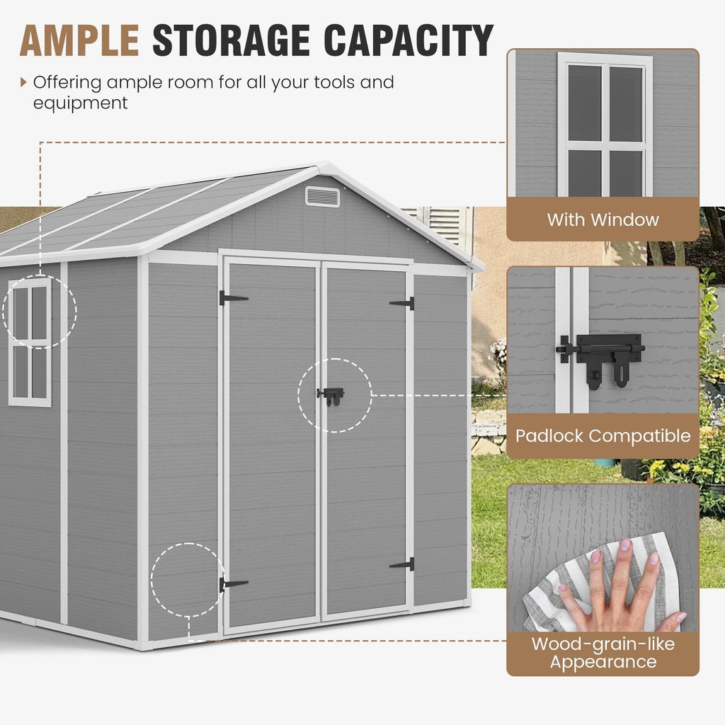 Amopatio 10x8 FT Storage Shed, Resin Shed with Floor Included, Plastic Sheds Outdoor Storage for Bike, Garden Tools, Sheds & Outdoor Storage with