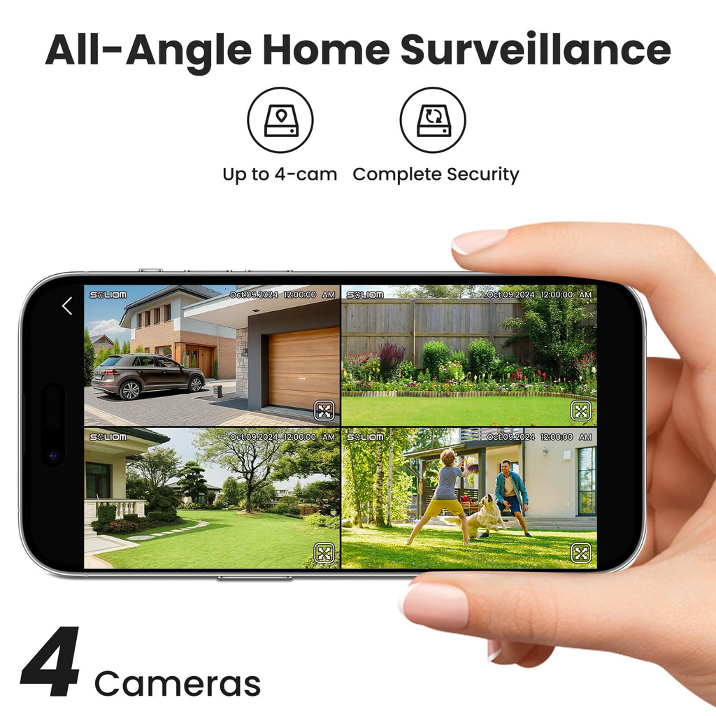 SOLIOM- 5MP Security Cameras Wireless Outdoor, No Subscription,4-Cam Pack, Solar Powered Home Security Camera with 360 Auto Tracking, Pan & Tilt, 3K