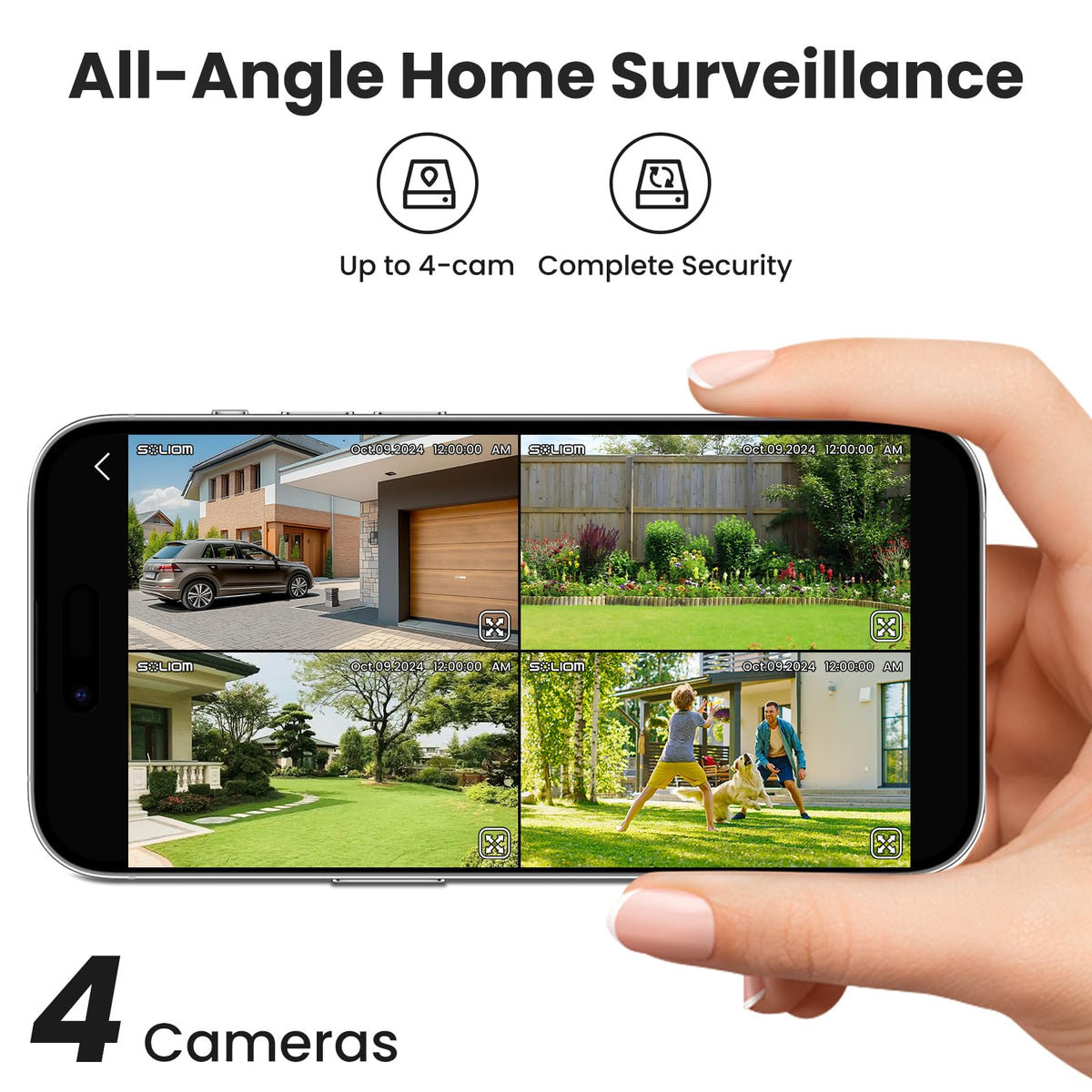 SOLIOM- 5MP Security Cameras Wireless Outdoor, No Subscription,4-Cam Pack, Solar Powered Home Security Camera with 360 Auto Tracking, Pan & Tilt, 3K