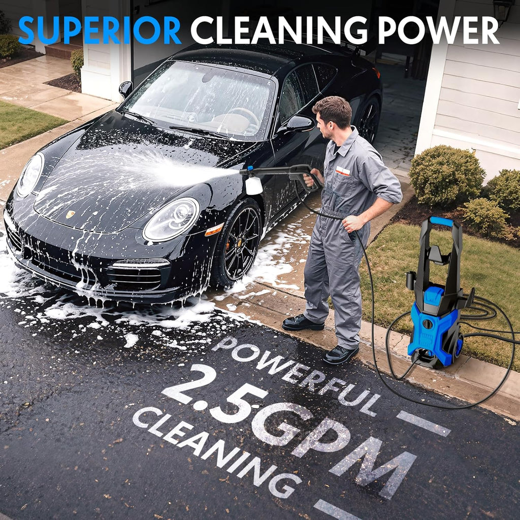 Power washers for Home, 4 Quick-Connect Nozzles & Adjustable Soap Tank Washers for Cars, Driveways, Patios, Fences, Home Cleaning (Blue)