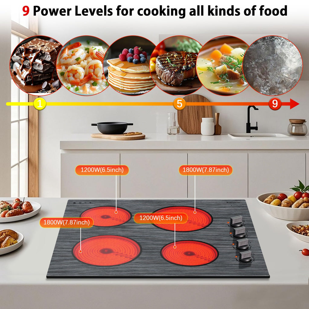 Karinear Electric Cooktop 24 Inch, 4 Burners Electric Stove Knob Control, Built-in Ceramic Cooktop with Beautiful Woodgrain Pattern Glass Surface