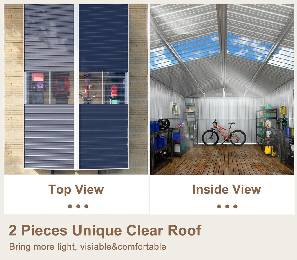 10x12 FT Metal Outdoor Storaged Shed with Floor Base Waterproof Heavy Duty Reinforced Frame with Unique Clear Roof Skyview Windows Air Vent for