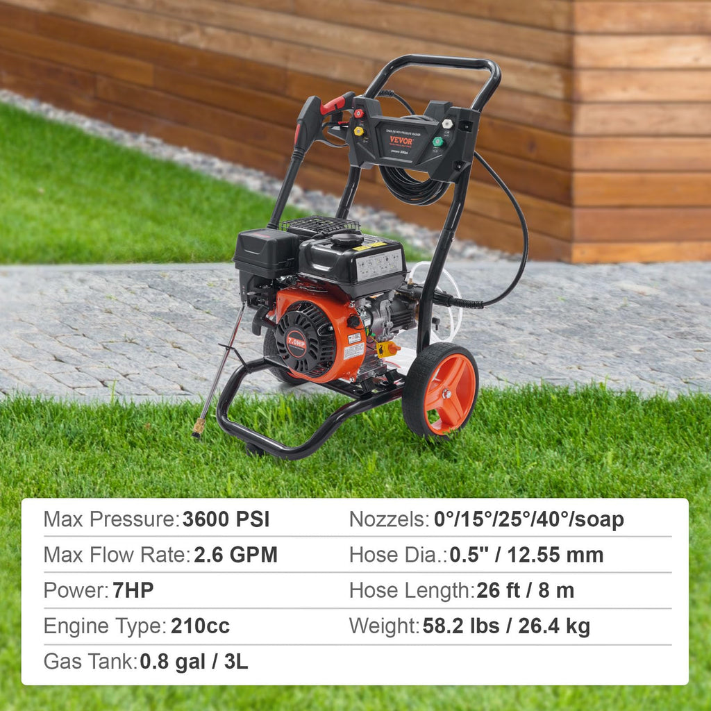 VEVOR Gas Powered Pressure Washer 3400 PSI 2.6 GPM, with Spray Gun and Extension Wand, 5 Quick Connect Nozzles, Copper Pump
