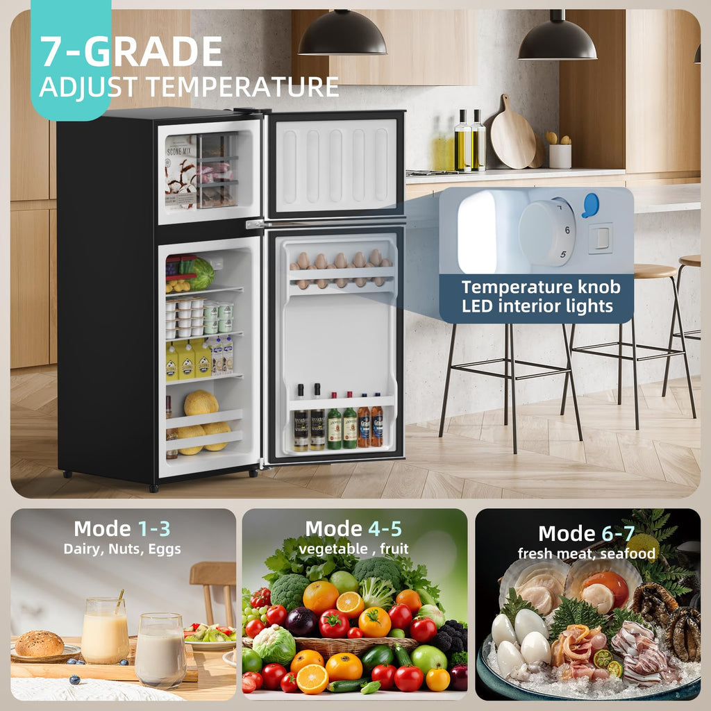 4.2 Cu Ft Mini Fridge for Bedroom, 2 Door Small Fridge, 7 Level Thermostat, LED Light, Small Refrigerator for Bedroom, Office, Dorm