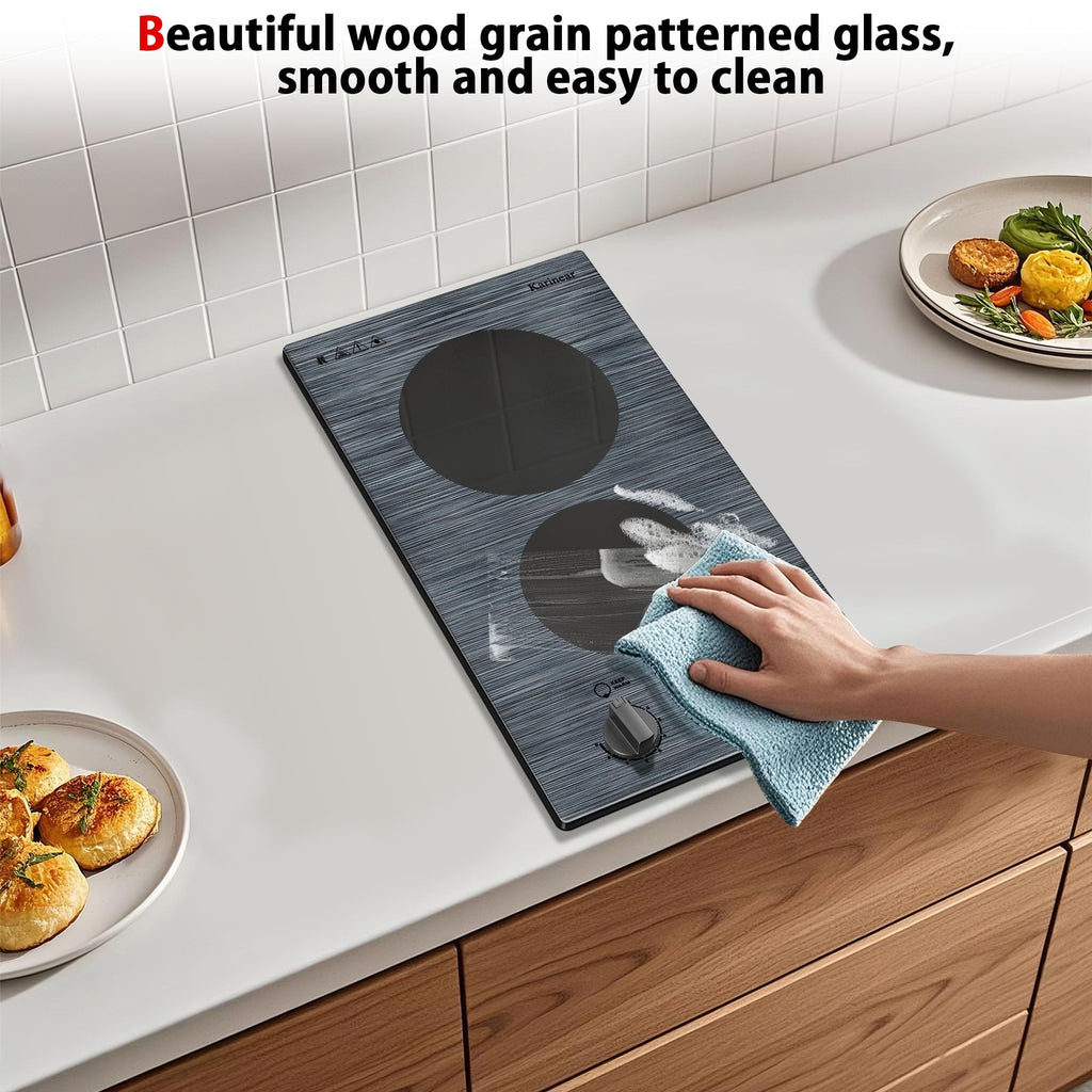 Karinear Electric Cooktop 24 Inch, 4 Burners Electric Stove Knob Control, Built-in Ceramic Cooktop with Beautiful Woodgrain Pattern Glass Surface