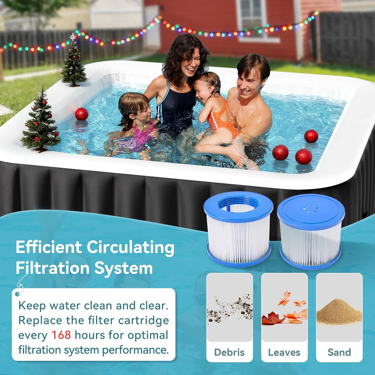 Blow Up Inflatable Hot Tub, 4-6 Person Large Square Portable Hot Tub, Leak-Proof PVC Outdoor Spa with 130 Air Jets, Heater Pump and Insulated Cover