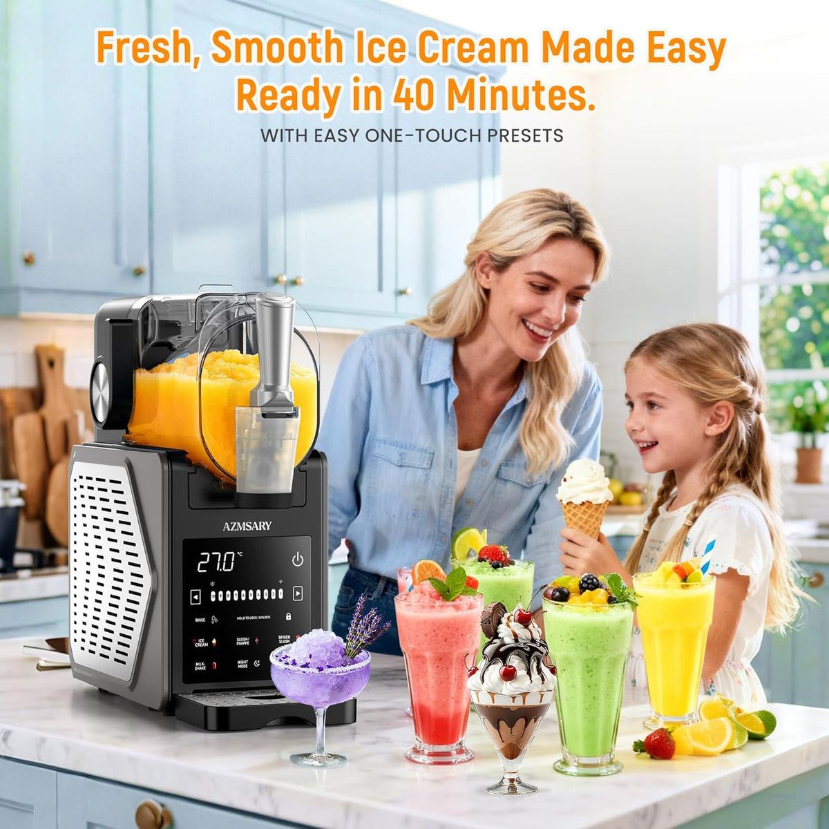 Slushie Machine, 85oz Ice Cream Machine & Slushy Machine for home, with LED Display, 6 Preset Programs for Margaritas, Frapps, Milkshakes, and Soft
