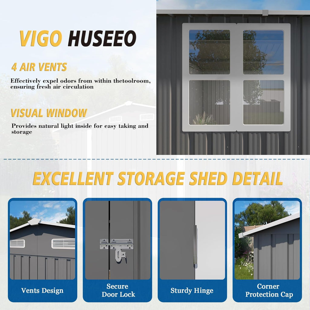 10x14x6.7FT Outdoor Storage Shed, Galvanized Steel Garden Shed with Lockable Door & Window, Waterproof Metal Tool Storage for Garden, Backyard, Patio
