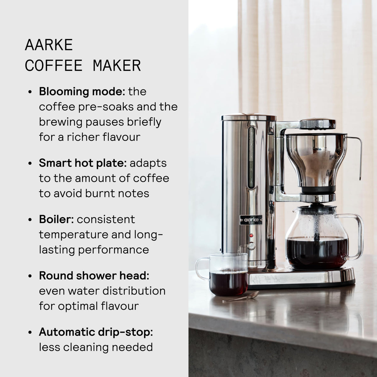 Aarke Coffee Maker - Electric 10 Cup / 42 fl oz Drip Brewer with Automatic Drip-Stop, Glass Carafe, Brews Full Pot in Under 6 Minutes, SCA Certified