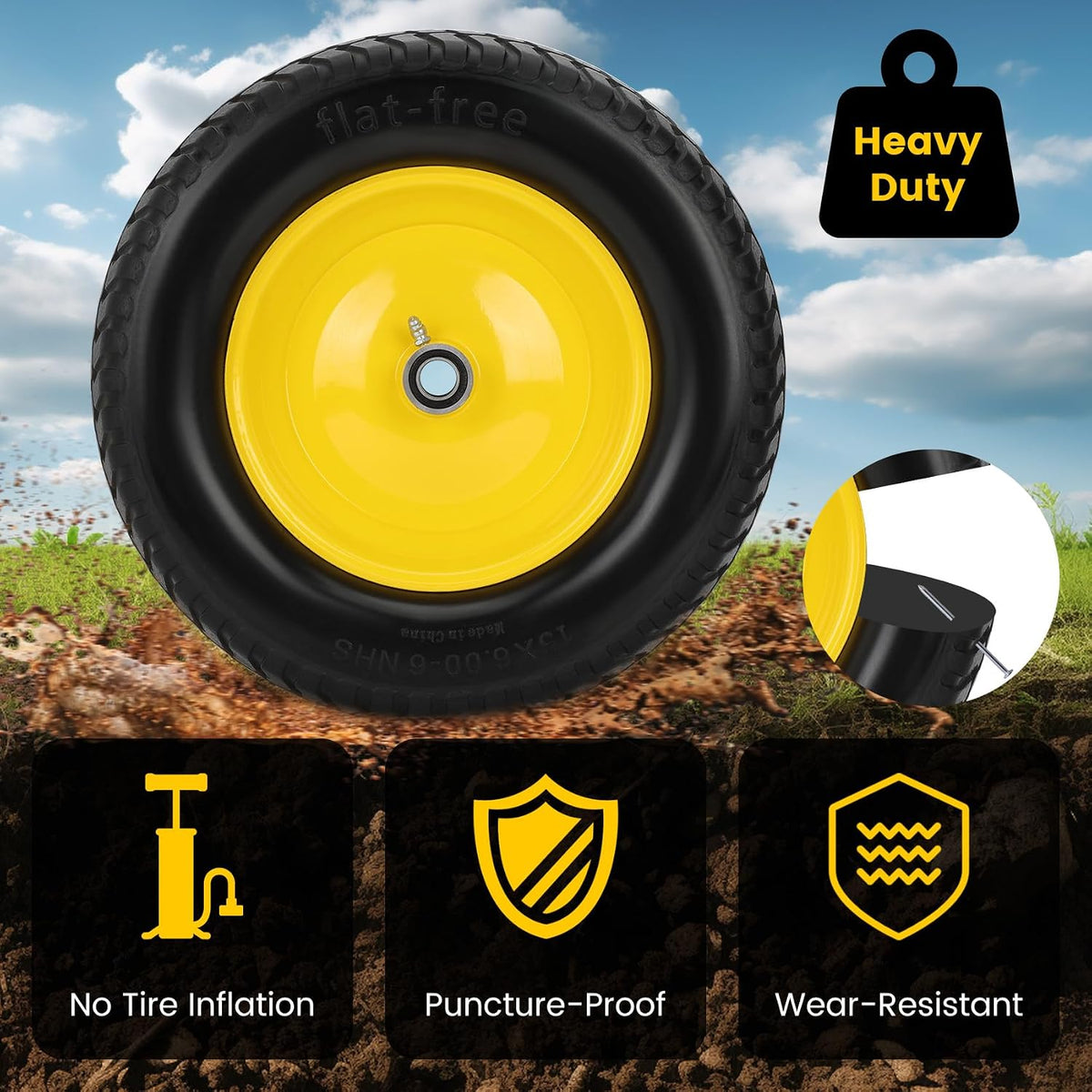 2 Pack 15x6.00-6 Flat Free Lawn Mower Tire and Wheel, 15" Solid Front Tires with 3" Centered Hub, 3/4" & 5/8" Bearings and 1" Bushings, Compatible with John Deere Husqvarna Riding Mowers Lawn Tractors