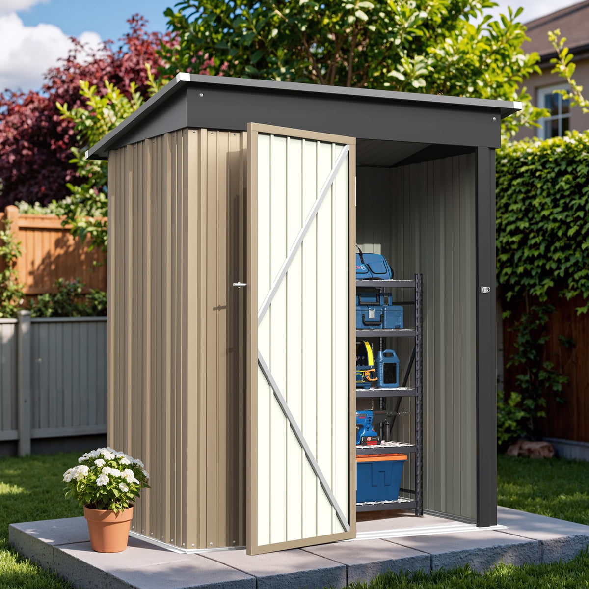 Greesum Outdoor Storage Shed 6 x 8 ft. Utility Tool Shed Metal Storage Garden Shed with Door & Lock for Patio Storage, Brown