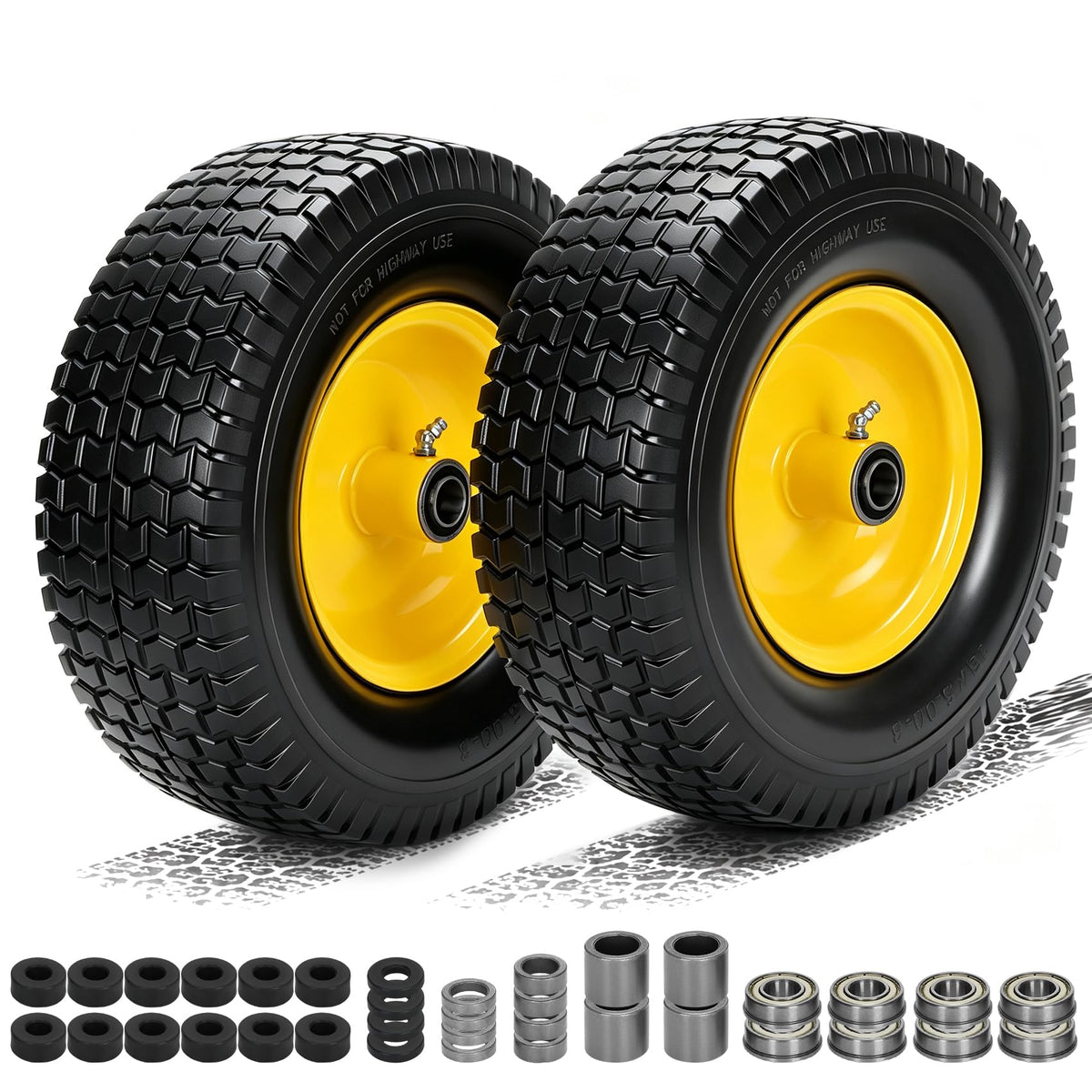 2 Pack 15x6.00-6 Flat Free Lawn Mower Tire and Wheel, 15" Solid Front Tires with 3" Centered Hub, 3/4" & 5/8" Bearings and 1" Bushings, Compatible with John Deere Husqvarna Riding Mowers Lawn Tractors