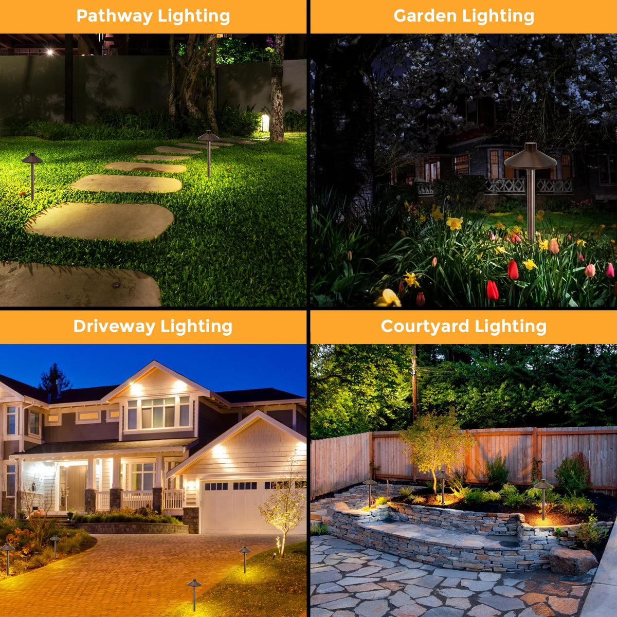 Gardencoin Solid Brass Low Voltage Pathway Lights (6.7'' Shade, 21.9'' Tall), 12V AC/DC Heavy Duty LED Landscape Path Lights Outdoor Wired, Antique